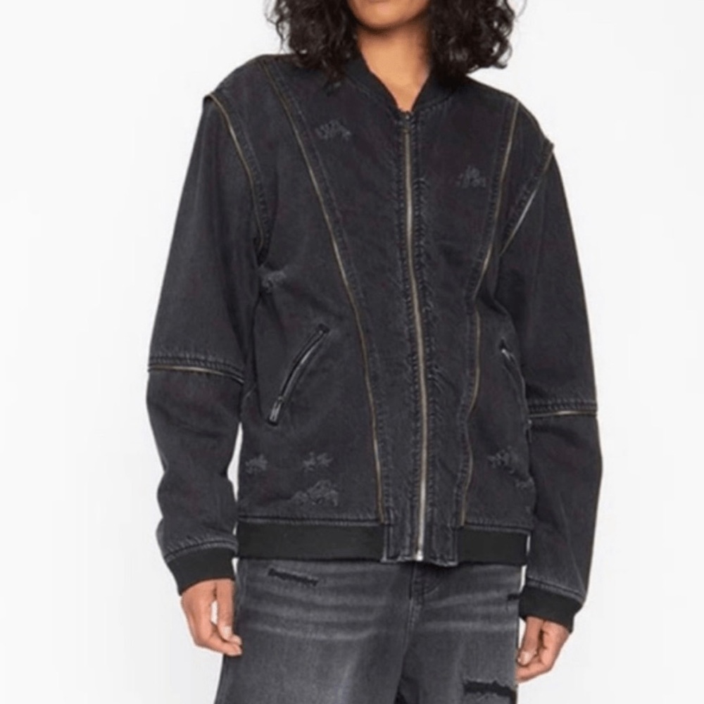 Sandrine Rose Black Distressed Zip Detail Bomber Jacket Size Small